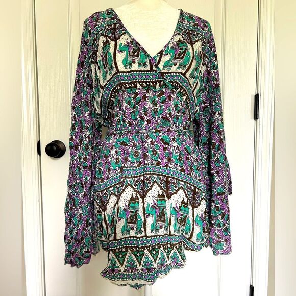 Gypsy Rose Women’s Bohemian Hippie Flowy Top Blouse Size Large Green Purple - Picture 1 of 15